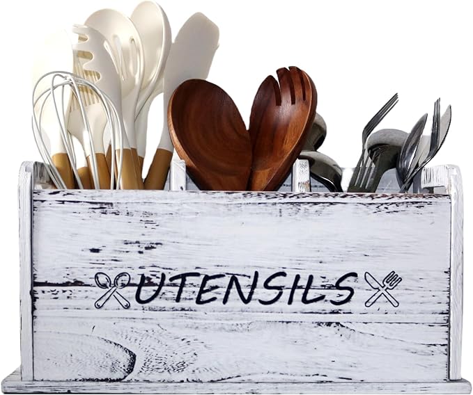 Utensil Holder Rustic Wood White Large Farmhouse Spatula Organizer for Kitchen counter Farmhouse,Countertop,Cooking Tools Storage (White)