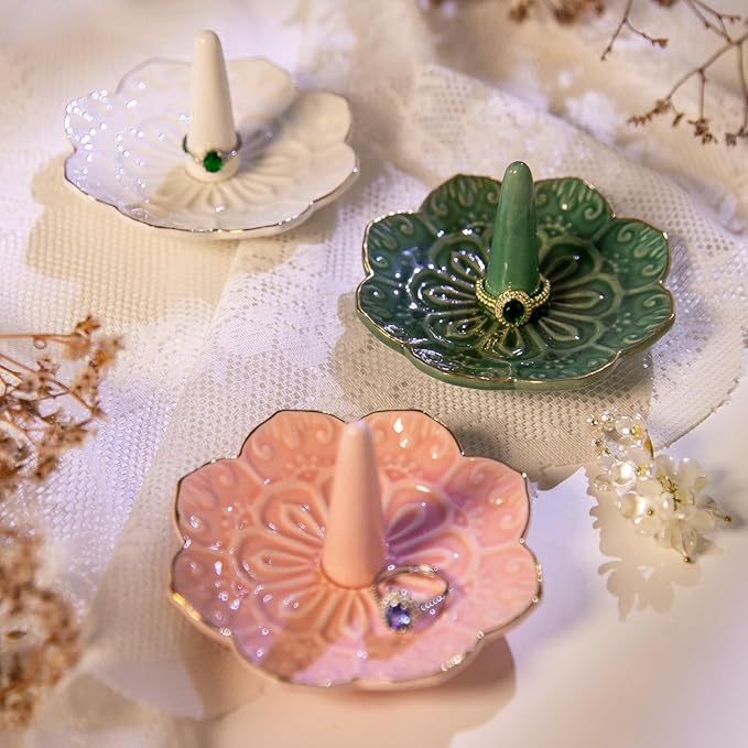 HOMEGOAL Ceramic Ring Holder Dish for Jewelry, Decorative Mandala Jewelry Tray for Rings Earrings Necklaces Watch Keys, Aesthetic Room Decor, Birthday Engagement Wedding Gifts for Women (Pink)