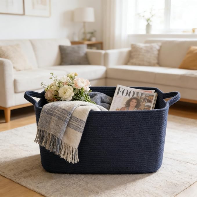 Magazine & Newspaper Baskets,Large Woven Rope Blanket Basket,24"x16"x15"Storage Bin with Handle,Toys Storage,Laundry Basket for Home Organization/Living Room/Nursery/Bedroom,Navy