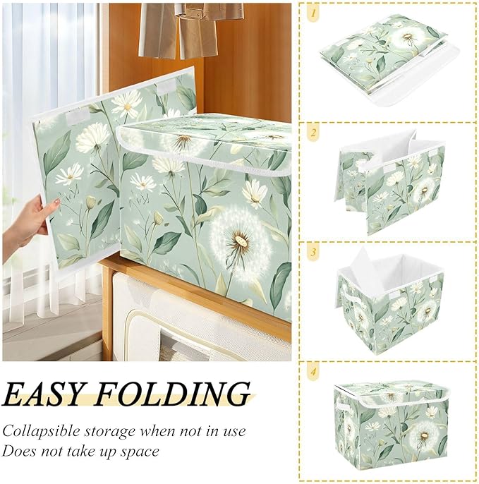 Collapsible Storage Bins with Lids Decorative Fabric Storage Cubes Closet Organizer Basket Boxes Containers for Clothes Box Chest Folding Rectangle Spring Sage Green Dandelions Daisy Flower