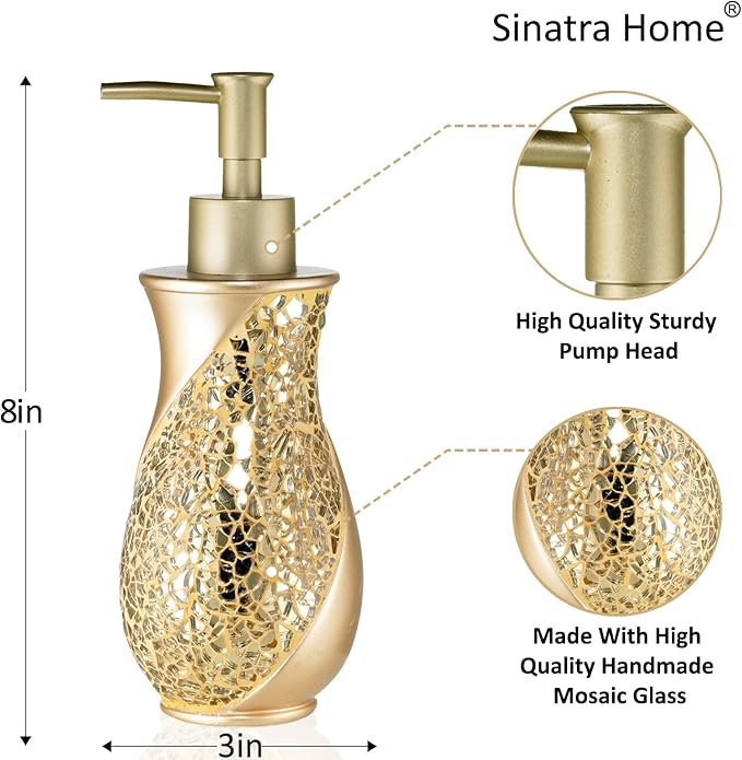 Zahari Home Sinatra Soap Dispenser/Lotion Pump Unique Design Bling Glass Mosaic Décor, Gold