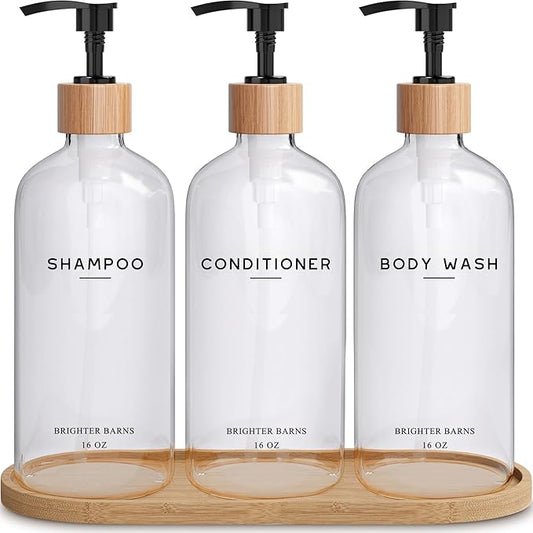 Clear Shampoo and Conditioner Dispenser Set by Brighter Barns - Refillable Plastic Shower Dispenser for Bathroom - Shampoo Bottles & Tray - Modern Bathroom Accessory for Hotel, Vacation Rental (Clear)