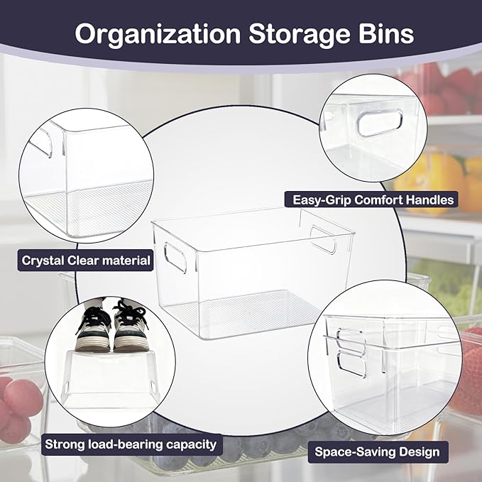 Clear Plastic Storage Bins, 2 Pack Pantry Organizer Bins with Handle for Kitchen, Office, Closet, Cabinet, Laundry Room, Freezer, Bathroom & Home Organization