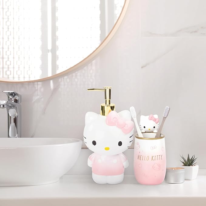 Jay Franco Hello Kitty 4 Piece Bathroom Accessories Set - Pink Resin Soap Dispenser, Toothbrush Holder, Soap Dish, Tumbler - Sanrio Kawaii Bathroom Decor