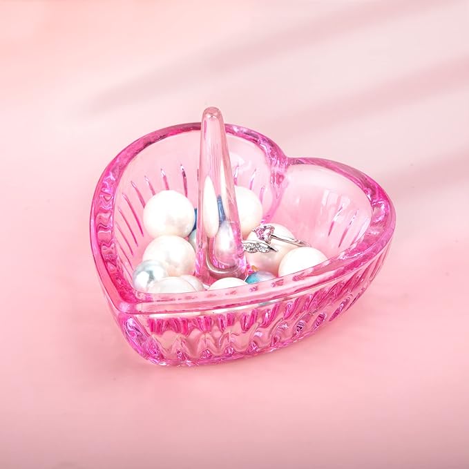 H&D HYALINE & DORA Crystal Heart Rings Holder for Jewelry Glass Ring Dish, Pink