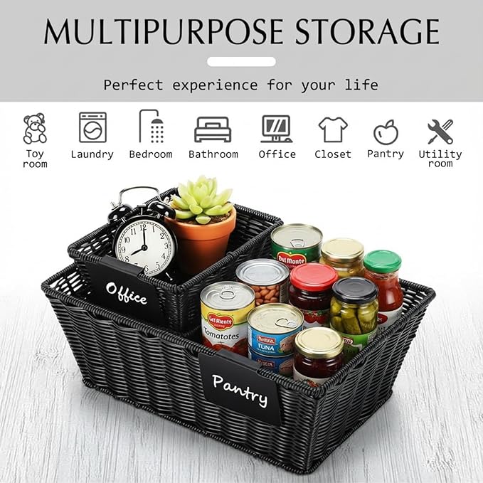 Marsui 6 Pcs Wicker Storage Baskets with Labels Handwoven Multi-size Black Wicker Storage Bins for Organizing Small Baskets Container for Shelves Closet Pantry Toilet