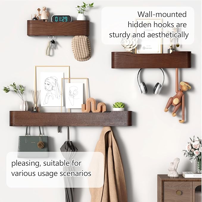 Coat Rack Wall Mount with Shelf 8 Hidden Hooks Modern Wooden Key Holder Entryway Organizer for Hallway Bedroom Bathroom Home Decor Storage for Hanging Coats Hats Bags Towels, Walnut