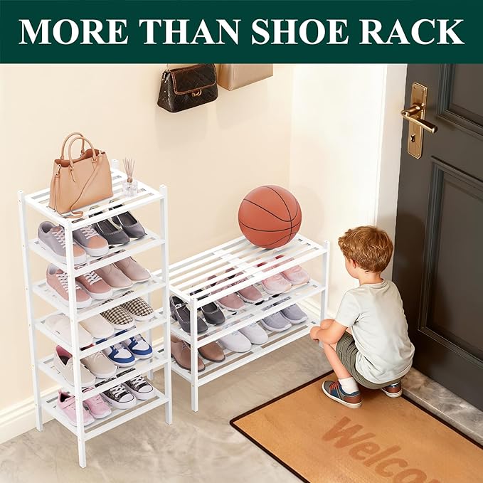 Smiry Small Bamboo Shoe Rack 6-Tier, Stackable Wooden Shoe Organizer for Entryway & Closet, Free Standing Wood Shoe Storage Shelf for Front Door & Small Spaces, White