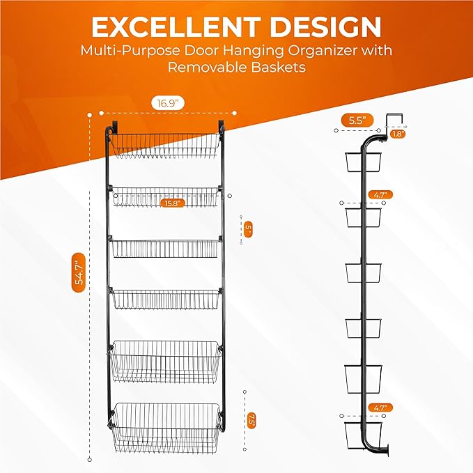 TidyTiers 6-Tier Over-The-Door Pantry Organizer – Heavy-Duty Hanging Rack with Deep Adjustable Baskets – Space-Saving Storage for Pantry, Kitchen, Closets & More