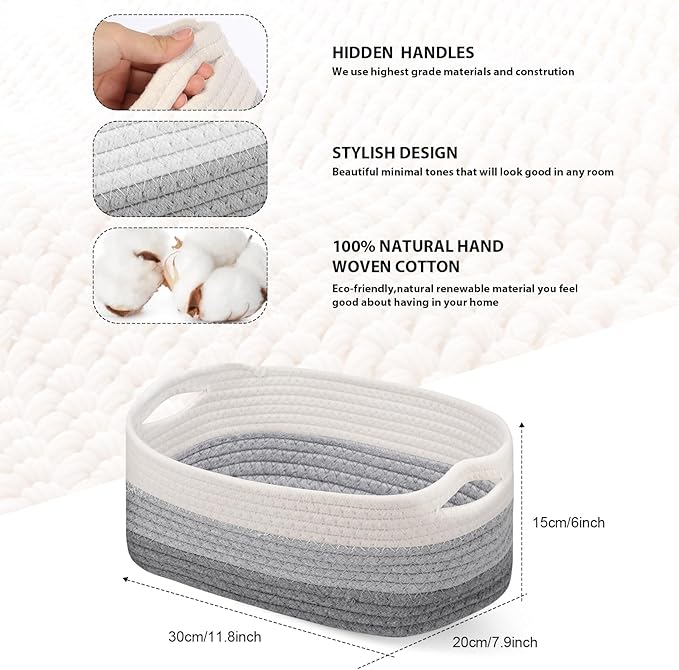 Sawysine 6 Pcs Cotton Rope Woven Basket for Storage Baskets for Organizing Storage Baskets Rope Basket with Handles for Cloth Blanket Toys Living Room Bathroom Laundry (Gray and White)