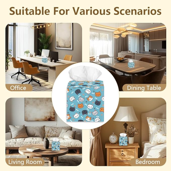 Cat Face Tissue Box Holder, Square Tissue Box Cover Foldable Tissue Storage Box Waterproof Paper Towel Case Container Organizer Cute Tissue Box Holder for Bedroom Office Bathroom Car
