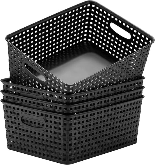 Plastic Storage Baskets for Organizing,11"X8.5"X4.7",Pack of 4 (Black)