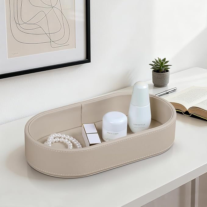 Oval Desk Valet Tray, PU Leather Perfume Dish Bowl for Keys Wallet Watch, Decorative Trinket Vanity Jewelry Tray, Entryway Nightstand Organizer Women Men (Beige)