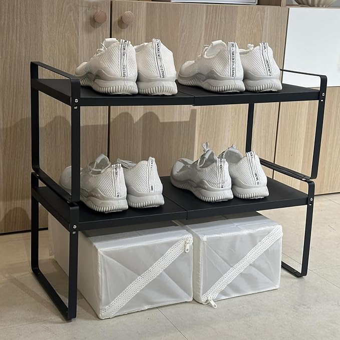 Set of 2 Expandable Cabinet Shelf Organizer, Black Kitchen Countertop Shelves, Stackable Metal Pantry Storage Organizer for Cupboard, Spice Rack