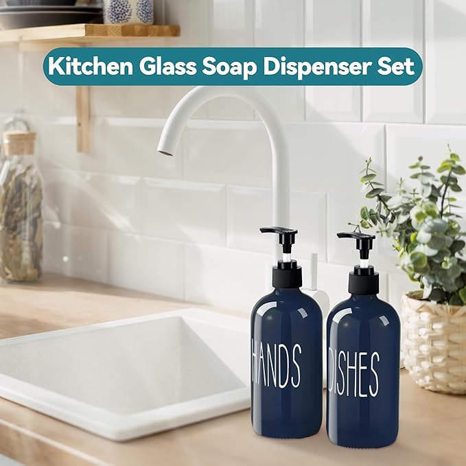 Glass Soap Dispenser Set 2 Pack,16 Oz Dish Soap Dispenser for Kitchen Sink,Blue Kitchen Accessories and Kitchen Decor,Blue Decorations and Kitchen Utensils for Kitchen