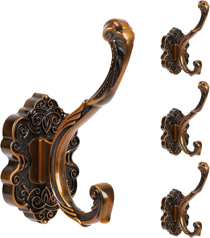 Vintage Wall Hooks, Unique Heavy Duty Wall Hooks for Hanging Towel Key Purse Hat Robe Clothes Decorative Hook for Bathroom Shower Closet Entryway Antique Brass 4 Pack