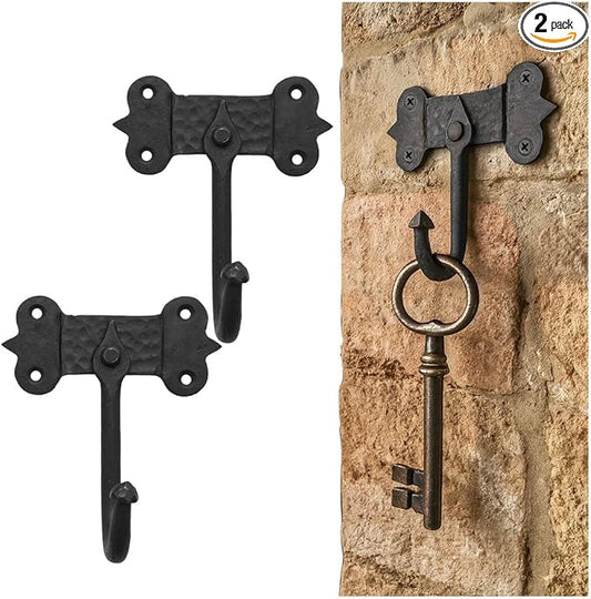 "Mystic Colonial Medieval Hand-Forged Iron Wall Hooks Set of 2 (4 in x 5 in) Rustic Coat Hooks | Heavy Duty Black Antique Hangers with Mounting Hardware | Vintage Wall Hooks for Bags, Towels & Keys"