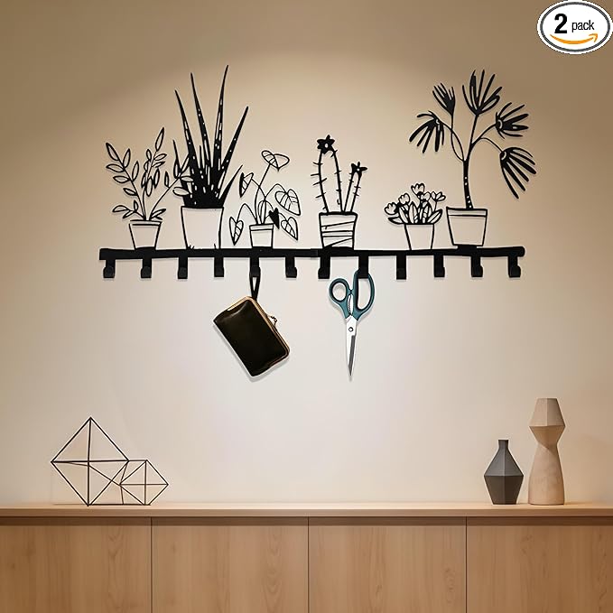 Black Metal Large Wall Mount Rack Set of 2 with 12 Hooks, Unique Wall Hooks for Clothes, Hat, Bag, Key, Cute Wall Hanger for Entryway, Front Door, Bathroom, Kitchen, Office, Home Organization