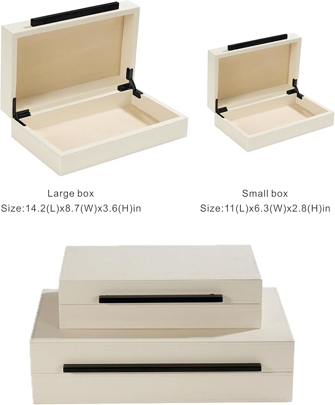 Set of 2 White Faux Leather Decorative Boxes With Black Metal Handles，Faux Leather Jewelry Boxes Storgage Boxes Organizer Box For All Occasions White Home Decor (Peal White- Black, 2pack)