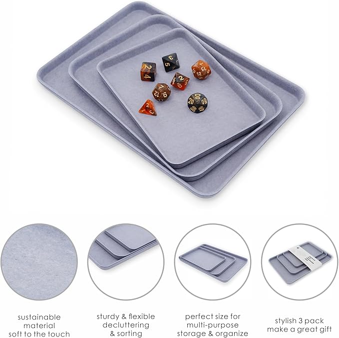 Welaxy Desk Drawer Tray DND dice Games Holder EDC Catchall nightstand multitray Entryway Bedside Caddy Counter Organize for Keys Jewelry Watches Sorting 3-Piece (Glacier Gray)