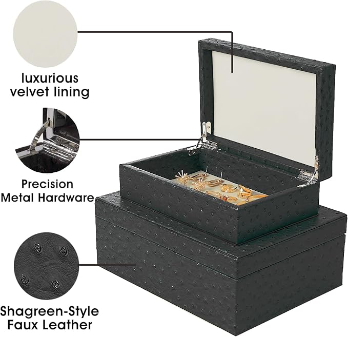Decorative Storage Boxes Set of 2 Faux Ostrich Leather Decorative Boxes with Lids Large Nesting Jewelry Boxes, Photo Memory Box Modern Home Decor