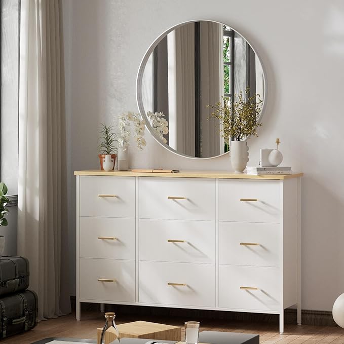 Wide TV Stand Modern TV Console, 9 Drawers Dresser for Bedroom, Fabric Storage Cabinet, Chest of Drawers for Closet, Nursery, Living Room（Classic White）