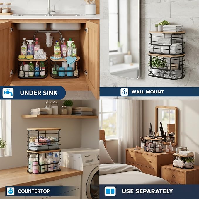 Multi-Purpose Trash Bag Holder & Stackable Kitchen Storage Organization Bins, 2-Pack Protective Wire Basket with Natural Fiber Top, Versatile Garbage Bag Dispenser Under Sink