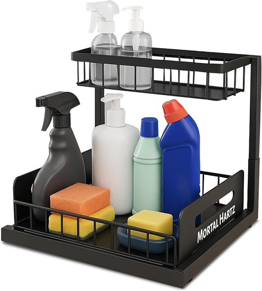 MORTALHARTS Under Sink Organizer – 1 Pack 2-Tier Sliding Storage Rack – Pull-Out Cabinet Organizer with Adjustable Metal Shelf, L-Shaped Design for Kitchen, Bathroom & Laundry Cabinets