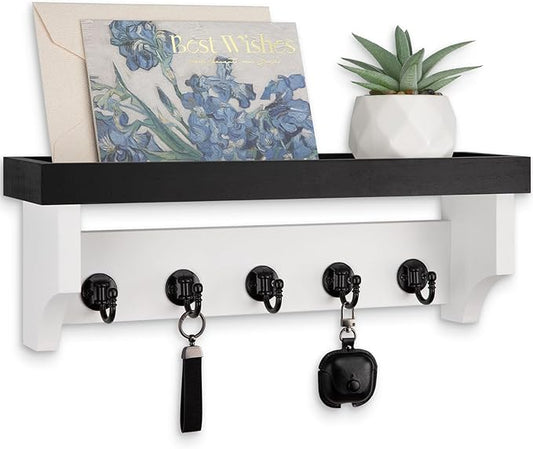 Key and Mail Holder Wall Mount, Key Holder with Shelf and Mail Organizer Wall Mount. Mail Holder with 5 Hooks for Coat, Dog Leash, Home Decor Rack, Entry Way Organizer (Black & White)