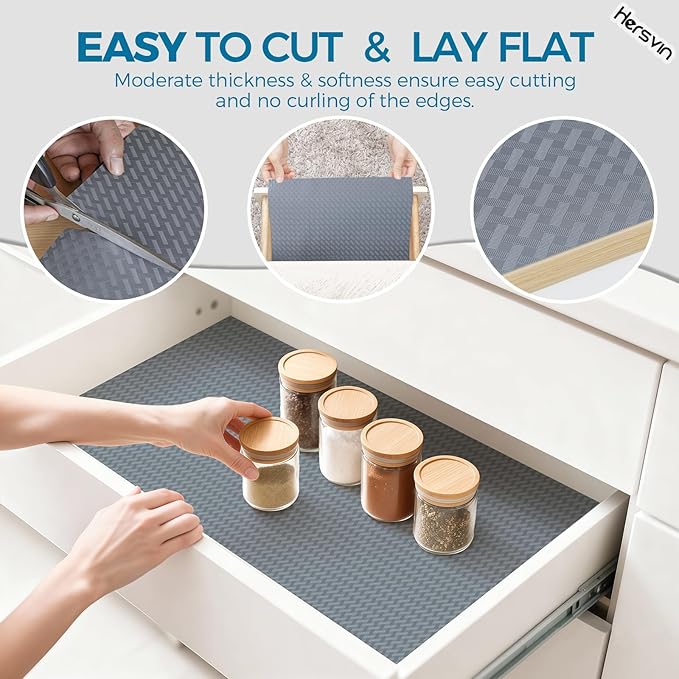 Hersvin Shelf Liners 16 in x 20 ft EVA Drawer Mats, Non-Adhesive Cupboard Pad, Kitchen Cabinet Lining Fridge Cushion (Gray Crossed Stripe, 40.7x610cm)