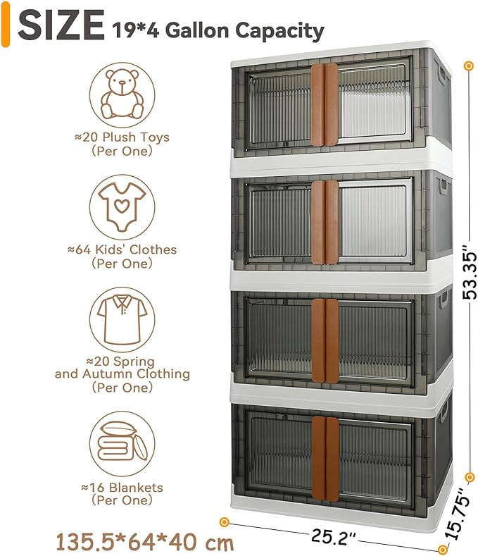 Storage Bins, Extra Large Cabinet with Lids, 19 Gallon(72L) Capacity (Per One), 4 Packs, Useful Box with Door and Buckles, Foldable, Transparent, Excellent Home Organizers