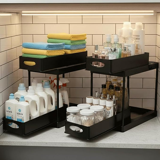 2 Pack Under Sink Organizer, Pull-Out Cabinet Storage Organizers for Bathroom & Kitchen, Multi-Purpose Under Counter Shelf Rack for Cleaning Supplies, Bottles & Toiletries, Cabinet Organizer-Black