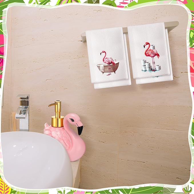 4 Pcs Flamingo Soap Dispenser Bathroom Accessories Soap Dispenser Lotion Pump and Flamingo Hand Towels with Gift Box Set for Home Bath Kitchen Decoration