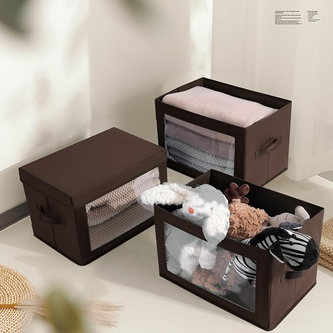 Stackable Storage Bins with Lids - Medium Storage Box with Lids, Foldable Closet Boxes for Organizing, Wardrobe Clothes Organizer with Window, Cubes Bins for Living Room, 5 Pack, Brown