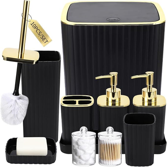 Bathroom Accessories Set - Gorgeous Black Bathroom Set, 10PC Bathroom Accessory Set, Toilet Brush, Trash Can, Qtip Holder & Soap Dispenser