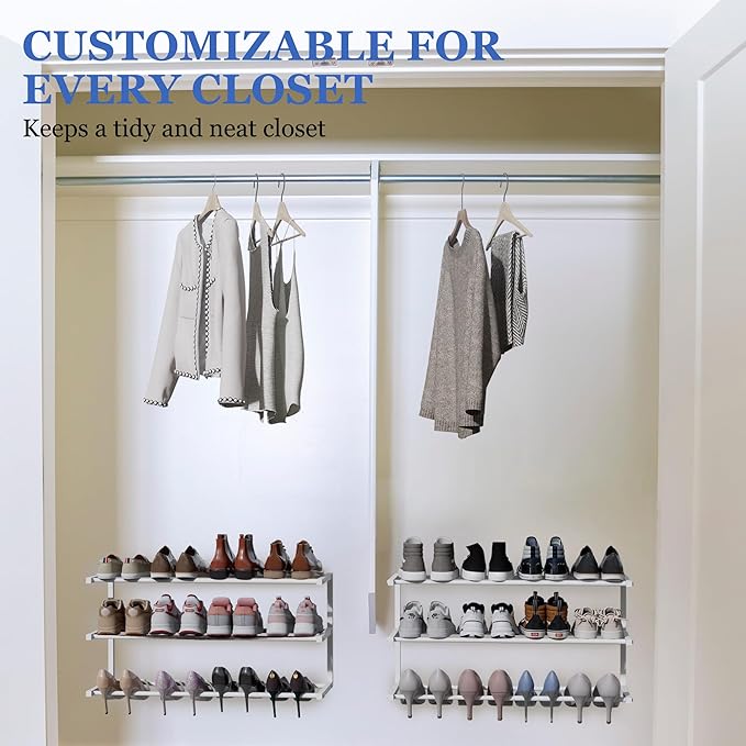 4 Pack Wall Mounted Shoe Rack, 3 Tier Hanging Shoe Rack Holds 48 Pairs, 17"-30"Adjustable Heavy Duty Metal Shoe Organizer Holder with 8 Storage Hooks, Space Saving for Closet Entryway Doorway（White)