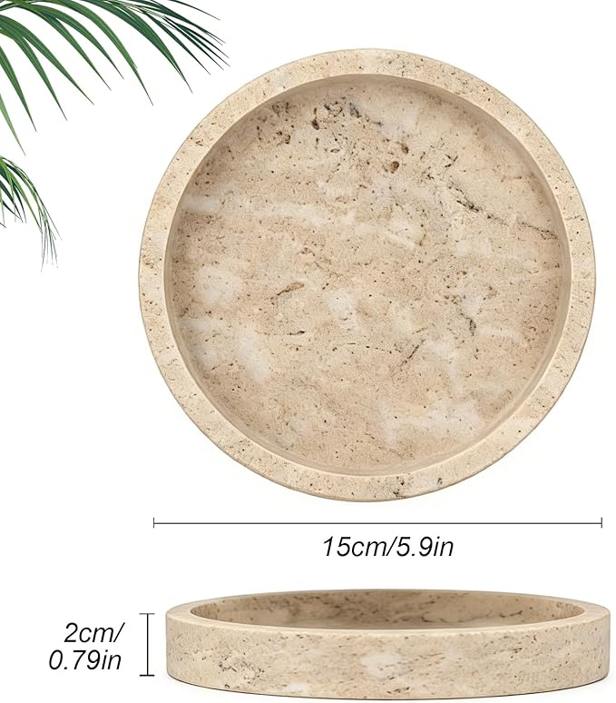 Natural Marble Tray, Round Travertine Tray for Bedroom/Bathroom/Kitchen/Vanity Countertop, Jewelry Tray for Rings Earrings Necklace Bracelet Watch, Room Decor Aesthetic