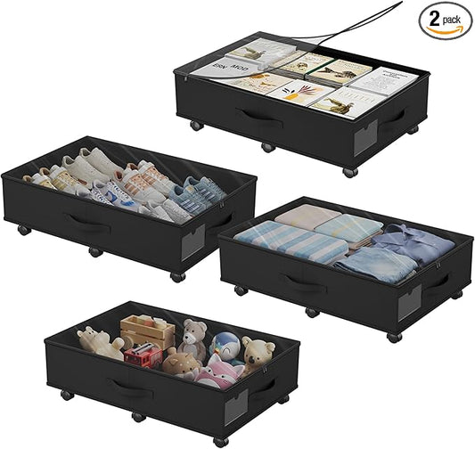 Babenest 4-Pack Under Bed Storage Organizer with Clear Zippered Lid, Foldable Rolling Underbed Drawers on 6 Wheels, Space Saving Clothes, Shoes, Toy Storage for Bedroom, Dorm, Closet