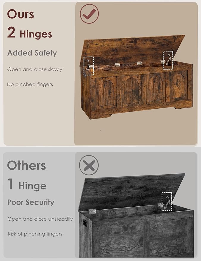 DINZI LVJ Storage Chest, 47.2âWooden Storage Box with 2 Safety Hinges, Entryway Shoe Bench with Flip-Top, Large Trunk for Living Room, Bedroom, Easy Assembly, Rustic Brown