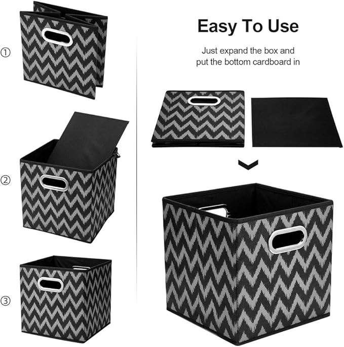 Collapsible Hard Cloth Cubes Storages Organizer Bins Chevron Storage Inserts Cubes Folding Fabric Storage Cubes Boxes 10.5x10.5 X 11 In Black Storage Baskets Drawer Organizer Closet Storage QY-SC10-3