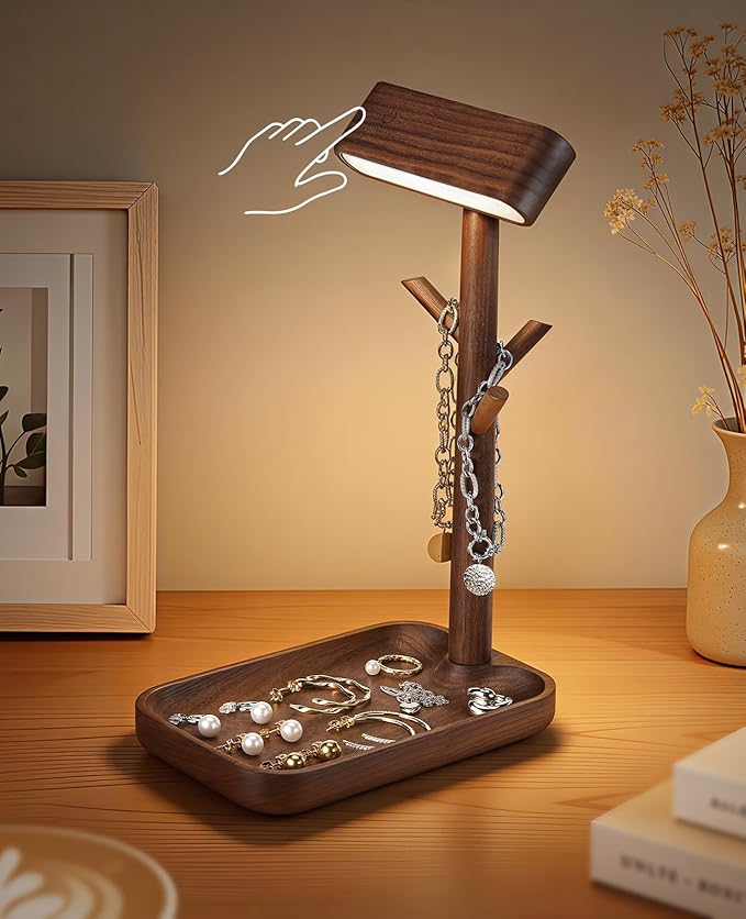 Wooden Table Lamp, Tree Trunk Rechargeable LED Bedside Lamp with Jewelry Tray, 360Â° Rotating Cordless Lamp for Nightstand or Entryway (Black Walnut)