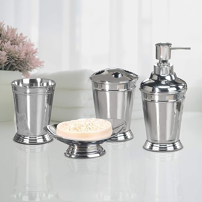 nu steel Timeless 304 Stainless Steel Bath Accessory Set for Vanity Countertops,4 Piece Luxury Ensemble Includes Dish,Toothbrush Holder,Tumbler,soap and Lotion Pump, Chrome Plated
