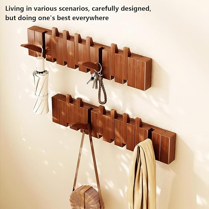 Wall Mounted Coat RackHooks Piano Key Hangers Natural Solid Wood Hanger Non-Woven Fabric Clothes Hangers for Closet, Kitchen, Bedroom, Bathroom, Entryway (Led Walnut, 6 Hooks)