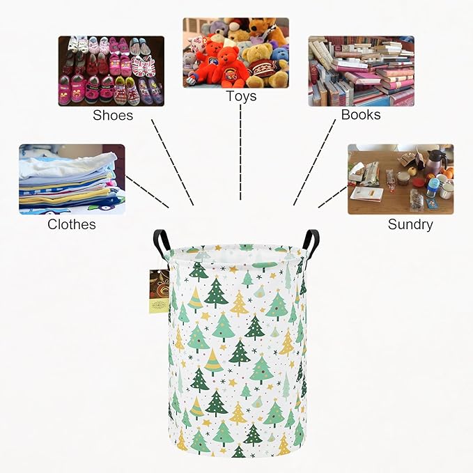 HUNRUNG Laundry Hamper,Large Canvas Fabric Lightweight Storage Basket Toy Organizer Dirty Clothes Collapsible Waterproof for College Dormsï¼Round-Green treeï¼