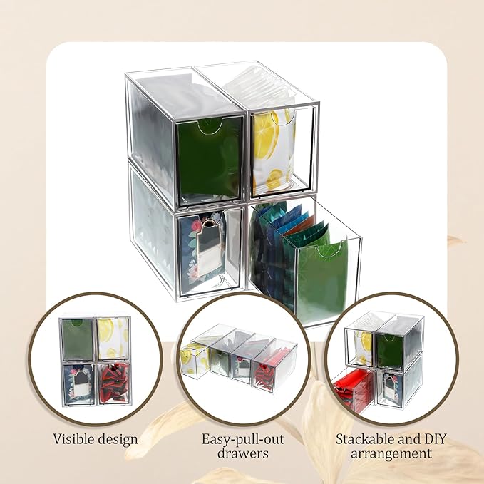 4 Pack Tea Bag Organizer Plastic Stackable Clear Storage Drawers Acrylic Tea Bag Holder Containers for Drawer, Pantry, Kitchen, Cabinet, Counter