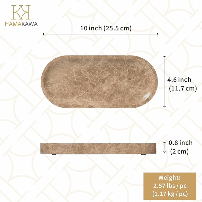 Bathroom Vanity Tray, Natural Marble Oval Tray 10 inch, Emperador Light Marble Vanity Tray for Soap Dispenser Modern Countertop Organizer for Kitchen Countertops, Home Decor
