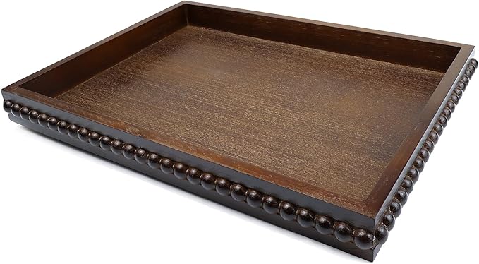 Wood Decorative Tray, Distressed Outdoor Serving Tray with Wooden Bead for Ottoman, Coffee Table, Entertaining, Home Decor, Rectangular 15.7â*11.8â*1.57â (Dark Brown)