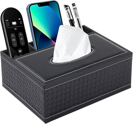 PU Leather Rectangular Tissue Box Cover - Multifunctional Tissue Box Holder with Stationery Remote Control Box, Decorative Tissue Pen Remote Organizer for Home/Office/Restaurant