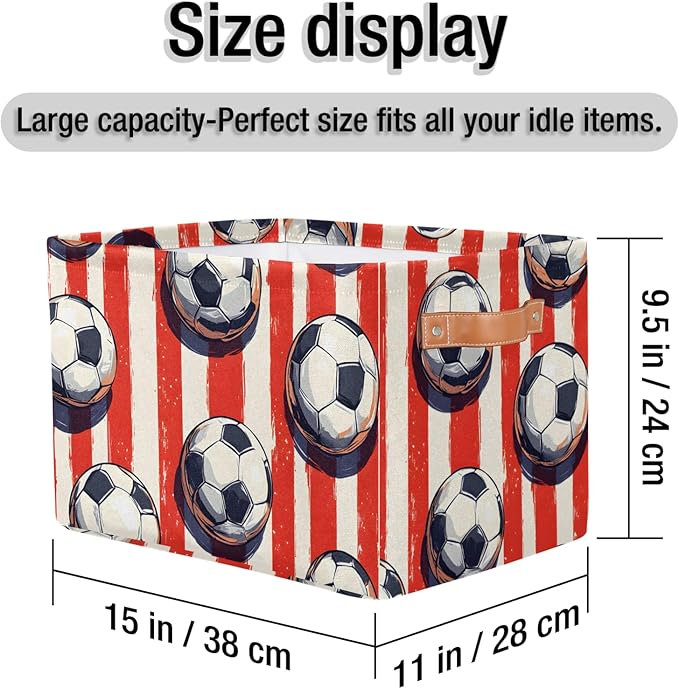 Storage Bins for Organization, Soccer Canvas Book Storage Bins with Handles, Bedroom Shelves Decorative Baskets for Organizing, Fabric Cube Bin Classroom Dorm Closet Organizer Box