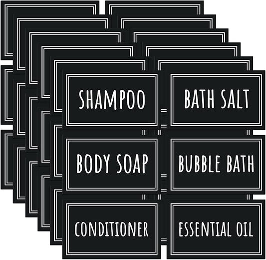 Segbeauty 36PCS Black Waterproof Labels, Self-Adhesive Bathroom Labels for Organizing, Removable Printed Shampoo Conditioner Body Soap Bath Salt Essential Oil Label Stickers for Plastic Glass Bottles